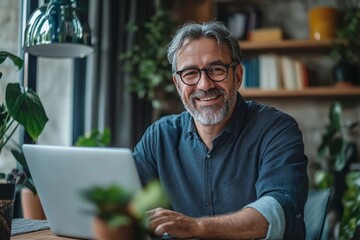Happy smiling middle aged older mature man wearing glasses looking at laptop using computer writing notes watching webinar sitting at home table. Hybrid work, elearning, online learning