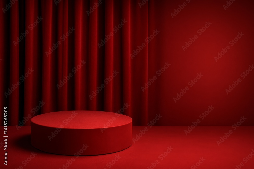 Aufkleber red stage with curved platform and velvet backdrop designed for performance or presentation events