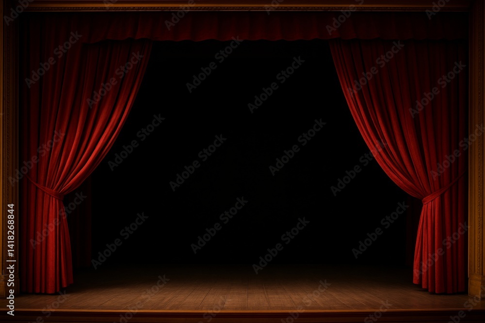 Poster red velvet curtains frame an empty stage in a theater before the performance begins