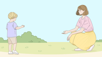 Woman and a little boy in an outdoor park setting. The woman is  reaching out her hand, inviting the child to come closer. The wide composition with soft pastel colors and blue sky offers copy space.