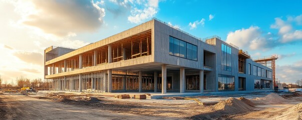 modern concrete and steel building construction site. Generative AI based