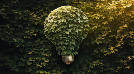 Green eco friendly lightbulb from fresh leaves on fresh leaves. The idea and concept of ecological and energy-saving, green energy, saving and preserving natural resources
