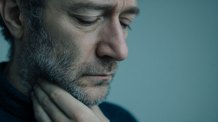 Close-up of a man's face, showing graying beard and thoughtful expression, conveying contemplation and introspection, suitable for mental health awareness