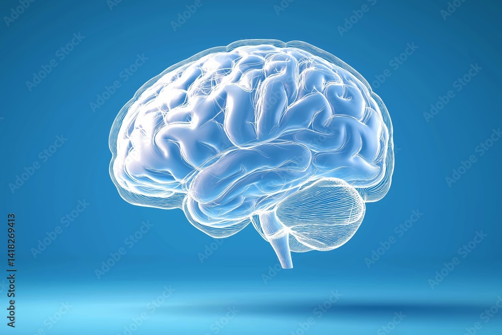 Poster transparent 3d model of human brain floating against clean blue background symbolizing intelligence 