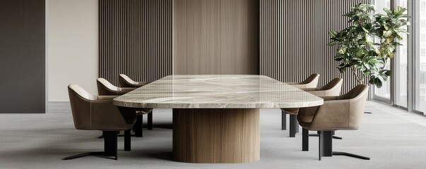 A modern conference room featuring a large table, stylish chairs, and a decorative plant, designed for professional meetings.