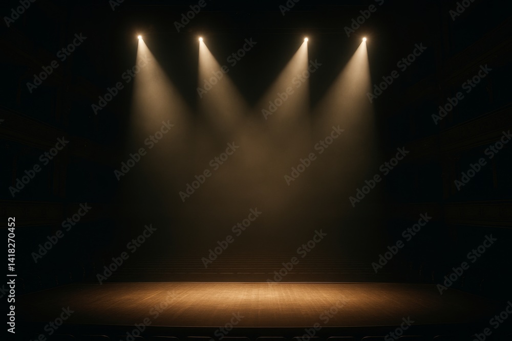 Poster stage illuminated by spotlight in an empty theater environment ready for performance