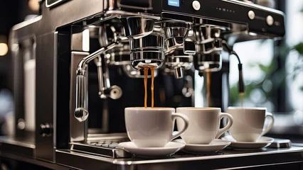 Tableau sur aluminium  A close-up of a sleek, silver espresso machine with freshly brewed coffee pouring into a white cup  © MST