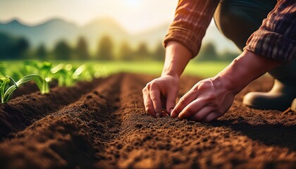 A macro view of a farmer planting seeds from old organic farming method;