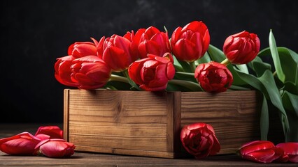 A bouquet of vibrant red peonies sits beside a small wooden box on a rustic wooden table