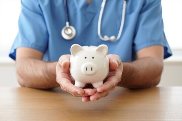 Nurse or doctor with stethoscope holding piggy bank in hand. Concept of medical expenses, finance, saving money, health insurance, medicine, donation and pension. Healthcare service cost.