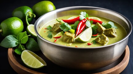 A flavorful bowl of green curry with succulent chunks of meat, vibrant red chilies, fresh cilantro, and lime wedges evokes a rich and exotic culinary experience