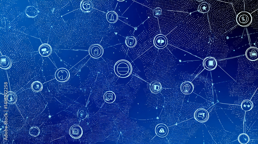 Aufkleber abstract blue network graphic with interconnected nodes, symbolizing global connectivity, data flow,
