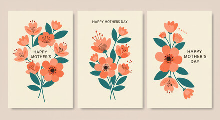 Flat design Mother's Day cards with stylized flowers and simple typography