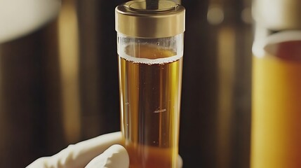 Amber liquid sample in a test tube, close-up.