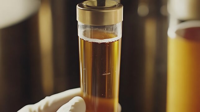 Amber liquid sample in a test tube, close-up.