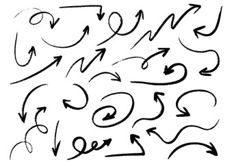 Hand drawn arrows isolated on white background. Vector set of charcoal arrow icons.