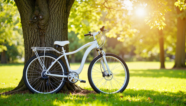 Polished white bicycle leaning against large tree in sunlit park for outdoor blogs, active transport promotions, environmental campaigns, and lifestyle branding materials