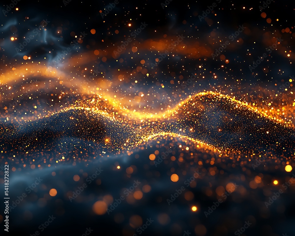 Fototapete Golden particles form undulating patterns in a dark space.
