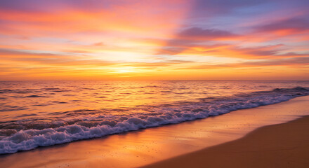 Obraz premium Vibrant colorful dramatic sunset sky over calm ocean waves washing onto a sandy beach, concept for travel, vacation and serene natural beauty