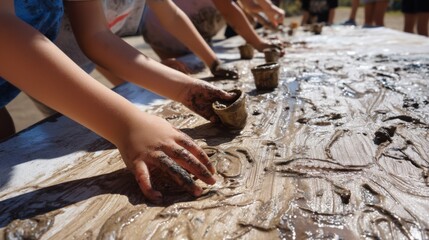 Children's hands engaged in messy outdoor mud play activity for creative learning and fun,International Mud Day