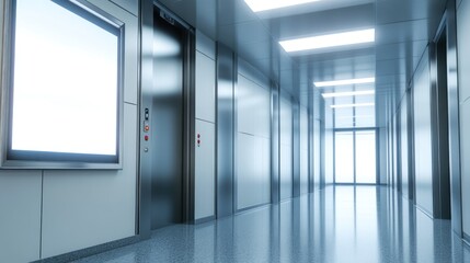Stainless steel hospital corridor with elevator and blank display.