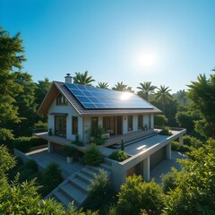 Solar Panels on Eco-Friendly House Roof Under Clear Blue Sky