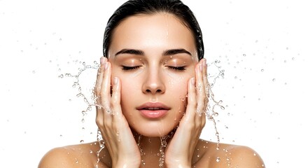 Clean beauty concept with a close-up of a woman splashing water on her face