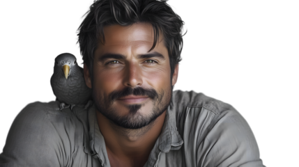 Man with a bird on his shoulder portrait closeup