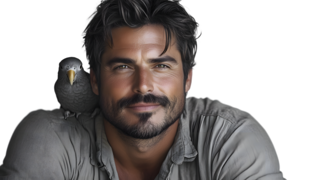 Man with a bird on his shoulder portrait closeup