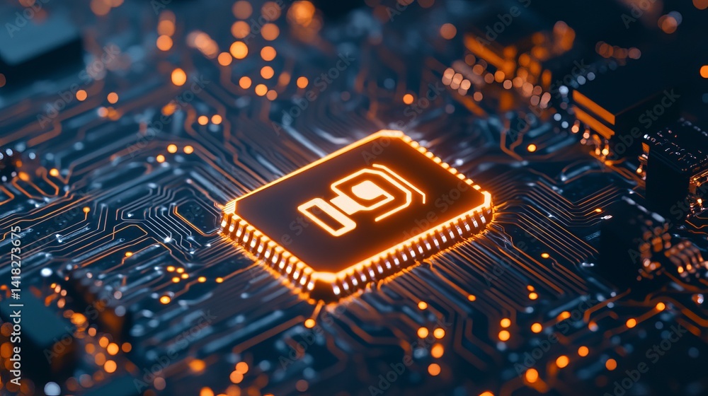 Poster abstract technology microchip circuit board digital design glowing orange lines modern hightech inno