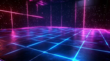 Futuristic Neon Grid Room with Starry Walls, Futuristic neon-lit room with glowing grid floor and starry walls