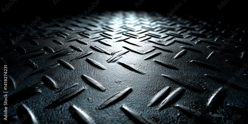 Poster close-up of dark gray metallic surface with diamond plate texture, showing depth and shadow, ideal f