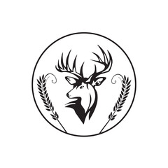 Black and white illustration, deer head and flowers silhouette, majestic antlers, minimalist design. 