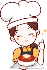 Bakery and pastry template elements with cute women chef and holding birthday strawberry cake logo