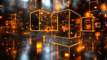 Floating glowing cubes illuminate a digital landscape.