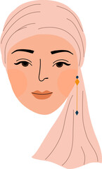 Woman with cancer and head scarf chemo hair hats. Breast cancer awareness illustration.