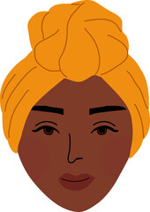 Head face Black woman wear headwrap turban hijab. Hand drawn vector illustration.