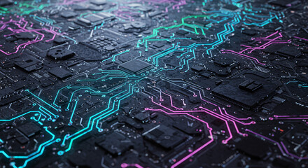 Futuristic Circuit Board with AI Chip and Blue Glow &ndash; Advanced Computing Concept
