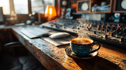 Steaming cup of coffee on rustic wooden desk in a music studio, sunlight streams in.  Perfect for blogs, articles, or websites about music production.