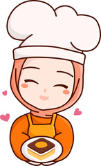 Halal homemade logo template with muslim cute woman chef with hijab holding dessert box and love