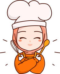 Halal homemade logo template with muslim cute woman chef with hijab holding whisk and wood spoon
