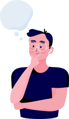Young man pose by placing a finger on the chin and smiles thinking about something with text space