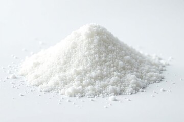 Pile of white granulated sugar on white background, bright, food photography