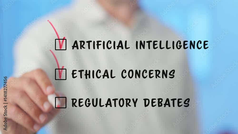 Poster businessman sequentially checking boxes related to artificial intelligence, ethical concerns, and re