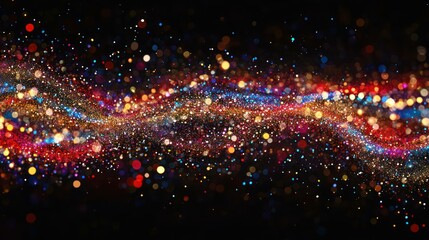 Obraz premium Abstract multicolored bokeh lights form a dynamic wave against black backdrop.