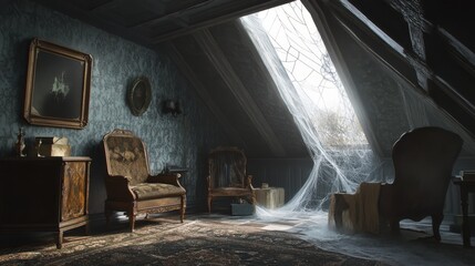 A dusty attic room draped in cobwebs, bathed in pale sunlight.