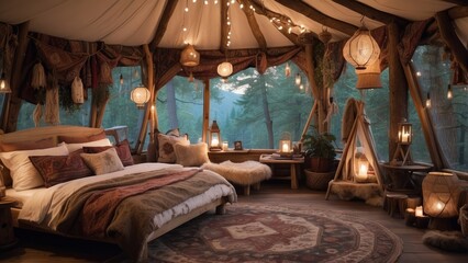 Cozy interior of a glamping tent surrounded by trees. Features a large window with opened flaps, a comfortable bed with white linens