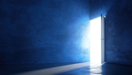 A slightly open door emits bright light in a dark blue room.
