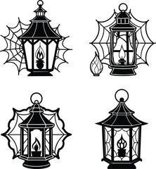 Vintage Halloween Lanterns with Cobwebs – Spooky Gothic Silhouette Set