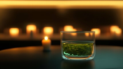 A glass of herbal tea beside a candle creates a relaxing ambiance.